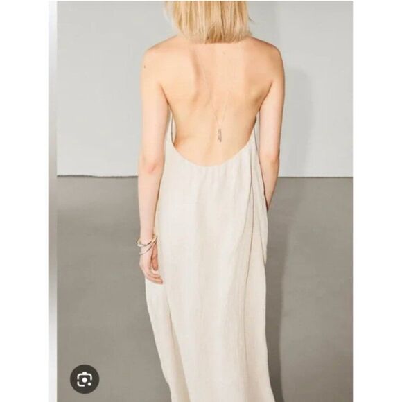 Massimo Dutti Womens Linen Halter Dress Maxi Small S Cream Halter Open Back NWOT - Picture 2 of 12
